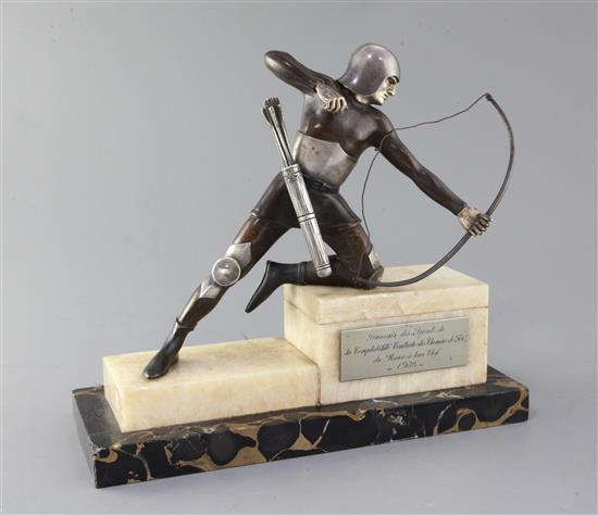 F.H.Danvin. A French Art Deco parcel silvered and patinated bronze figure of a medieval archer, width 11.75in. height 10.25in.